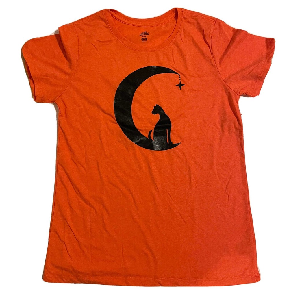 Way to Celebrate! Women's Orange Halloween Shirt cat sitting on the moon NWT